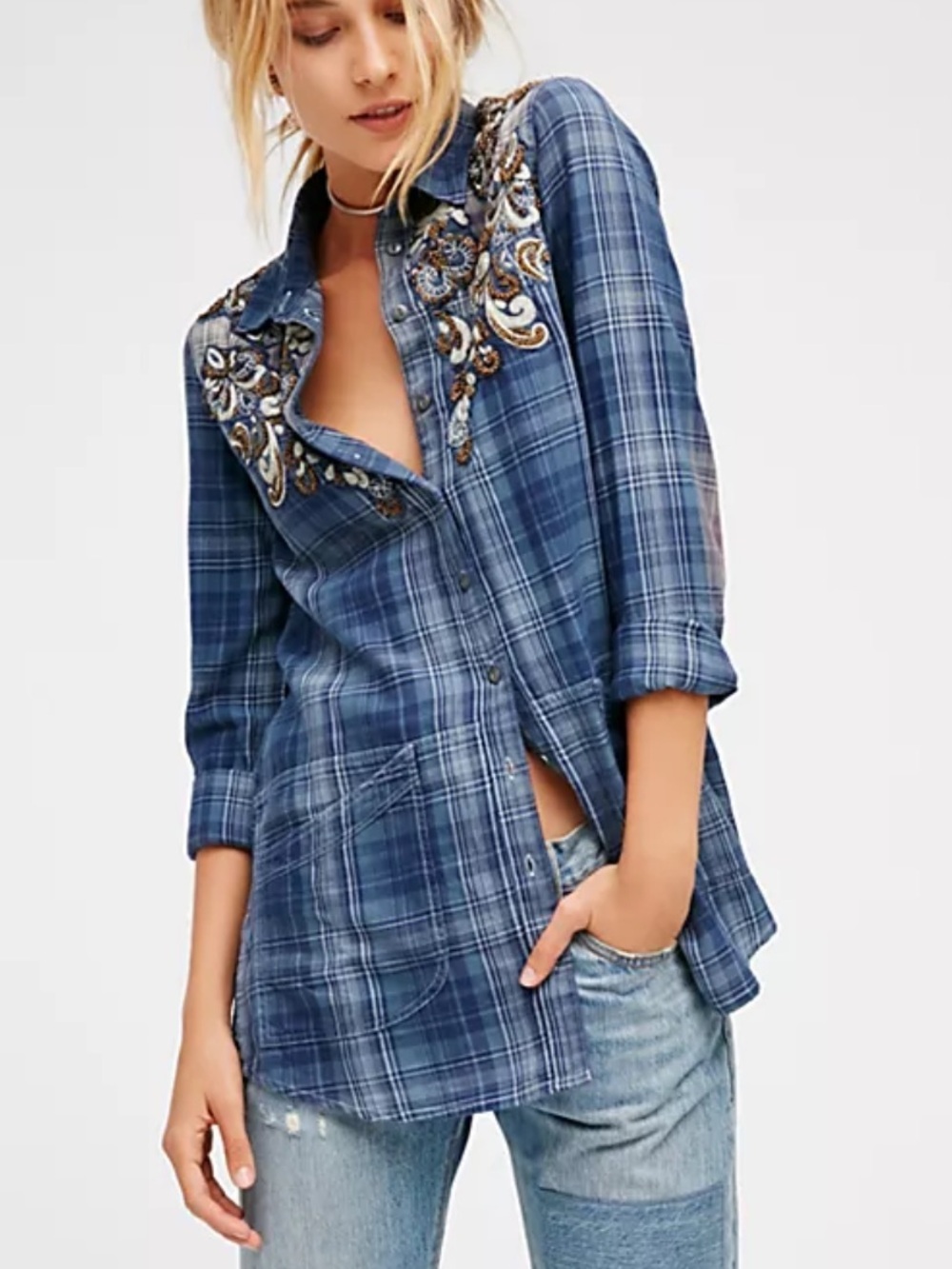 Free People Stevie Embellished Navy and White Plaid Shirt
